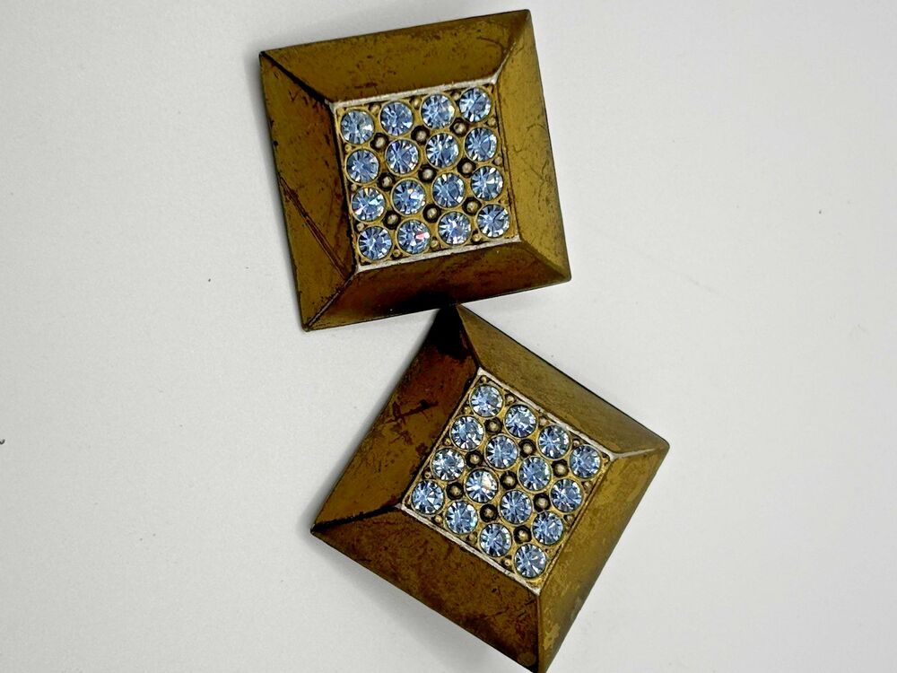 Vintage Rhinestone Clip On Earrings Square Gold Tone Jewelry Retro Cocktail Deco